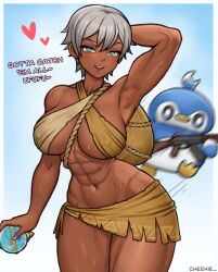 1girls abs armpits ass big_ass big_breasts big_thighs breasts character cheekie0 dialogue female first_porn_of_character gray_hair huge_ass huge_breasts huge_thighs looking_at_viewer muscular muscular_female pal_(species) pal_sphere pal_tamer palworld pengullet short_hair solo sweat sweatdrop sweating text thick_hips thick_thighs thighs