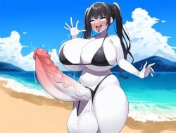 ahe_gao ai_generated beach black_hair blush clouds futanari mountains novelai pullthetriggeryoubitch shaking swimsuit tagme thick_thighs throbbing_penis twintails_(hairstyle) veiny_penis white_fur