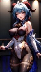 1girls ai_generated big_breasts blue_eyes blue_hair breasts cameltoe curvy curvy_figure female female_only ganyu_(genshin_impact) genshin_impact hard_nipples horns looking_at_viewer nipples nipples_visible_through_clothing see-through see-through_clothing see-through_shirt see-through_top see_through small_waist solo solo_female solo_focus supr3metr