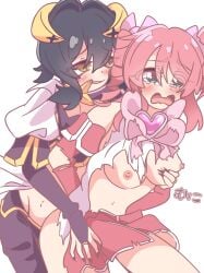 breasts female female_only groping groping_breasts hanabishi_haruka hiiragi_utena magia_baiser magia_magenta magical_girl mahou_shoujo_ni_akogarete molestation no_bra tears torn_clothes yuri