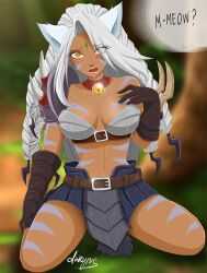 big_breasts cat_bell cat_ears cat_girl catgirl dark-skinned_female dark_skin dweynie forehead_gem forehead_jewel fusion gem_on_forehead jewel_on_forehead kneeling kneeling_female large_breasts league_of_legends long_hair long_hair_female nidalee rengar riot_games skimpy skimpy_clothes strapless strapless_top strapless_topwear tribal_markings tribal_tattoo tribal_tattoos tube_top white_hair white_hair_female yellow_eyes yellow_eyes_female