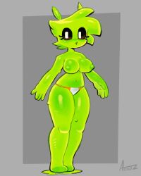 1girls black_sclera breasts breasts_out dynamo_toon green_body leena_(dynamo_toon) oc slime slime_girl solo topless weird