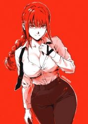 alternate_eye_color artist_name black_necktie black_pants braid braided_ponytail breasts chainsaw_man cleavage cowboy_shot female highres large_breasts legs_together long_hair looking_at_viewer makima_(chainsaw_man) missfaves necktie pants red_background red_eyes red_hair red_theme ringed_eyes shirt shirt_tucked_in solo taut_clothes taut_pants taut_shirt undone_necktie white_shirt