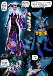 1girls 2boys batman_(series) batmite big_breasts bodysuit clowning_around_(batmite_vs_harley_quinn)_(comic) comic comic_page dc dc_comics dialogue digital_drawing_(artwork) eyebrows eyelashes eyes female fenris_comix hair harley_quinn harley_quinn_(classic) light-skinned_female light_skin lips male multiple_boys speech_bubble the_joker