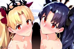 1boy 2girls ai_generated black_hair blonde_hair blush braided_hair completely_nude_female earrings ereshkigal_(fate) fate/grand_order fate_(series) female imminent_oral imminent_sex ishtar_(fate) looking_at_viewer male multiple_girls penis pov red_eyes shy text watermark xufuta_ai