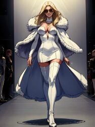 ai_generated big_breasts blonde_hair blue_eyes breasts brown-tinted_eyewear cape choker emma_frost female female_only large_breasts light-skinned_female light_skin magik4lyfe marvel marvel_comics necklace opera_gloves sunglasses tan_body tanned_female tanned_skin thick_thighs thighhighs tinted_eyewear white_queen x-men