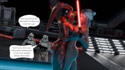 2girls 3d armor artist_name ass blaster breast_press breasts comic comic_page darth_talon english_text eyes female female_focus full_body full_body_tattoo glowing glowing_weapon grey_skin hair hairbun helmet holding holding_another's_wrist holding_object holotable jedi:_fallen_order jedi:_survivor knife large_breasts lekku lightsaber merrin naked naked_female nightsister pale_skin red_skin ruadhnait3dx scared scared_expression sith sith_lady space spaceship_interior star_wars star_wars:_legacy stormtrooper symmetrical_docking tattoo text_bubble thick_thighs thighs tongue tongue_out twi'lek watermark weapon wet wet_body wet_skin white_hair