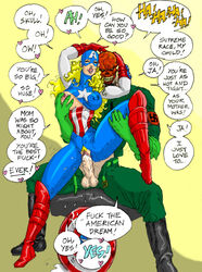 1boy 1girls american_dream american_flag american_flag_bodysuit big_breasts big_penis blonde_hair breast_grab breasts captain_america_(series) dialogue english_text erection female female_pubic_hair hair_on_head ksennin large_breasts large_penis long_hair male marvel marvel_comics mc2 moaning nipples penetration penis pubic_hair red_skull sex shannon_carter speech_bubble straight swastika text vaginal_penetration