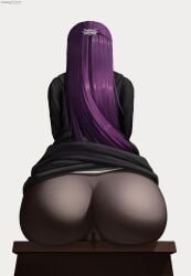 absurdres anus ass black_coat black_pantyhose cameltoe coat facing_away female fern_(sousou_no_frieren) from_behind highres long_hair pantyhose purple_hair see-through see-through_legwear simple_background sitting solo sousou_no_frieren white_background z282g