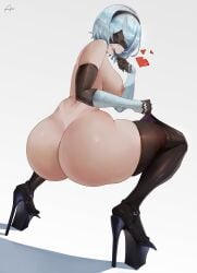 1girls absurdres android_girl araneesama ass big_ass big_breasts big_butt breasts female high_heels light-skinned_female light_skin naked nier nier:_automata platform_heels short_hair thick_thighs white_hair yorha_2b