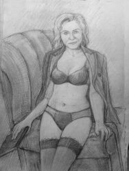 2015 armchair belly belly_button black_and_white bra breasts chair charley_pollard charlotte_pollard cleavage coat coat_on_shoulders commission commission_art doctor_who exposed_torso female female_focus female_human female_only girl greyscale holding_book holding_object india_fisher lingerie lingerie_bra lingerie_only lingerie_panties lingerie_under_clothes looking_at_viewer panties pencil_(artwork) short_hair sitting sitting_on_chair smirk smirking smirking_at_viewer steblynka thighhighs underwear underwear_only