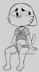 anthro barefoot black_eyebrows black_eyes black_whiskers blush blush_lines bulge cartoon_network clothed clothing cute_fangs domestic_cat ears_down embarrassed erection erection_under_clothing eyebrows feet felid feline felis greyscale gumball_watterson hi_res isz350 long_tail looking_aside male mammal monochrome pivoted_ears shirt sitting solo tail tenting the_amazing_world_of_gumball thick_eyebrows topwear underwear warner_brothers whiskers