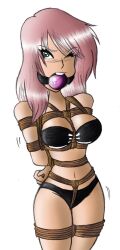 1girls ball_gag black_bra black_panties black_underwear bondage bra breast_bondage breasts busty damsel_in_distress eclair_farron female female_only final_fantasy final_fantasy_xiii furyhero gagged panties pink_hair rope rope_bondage solo solo_female tied_up tight underwear