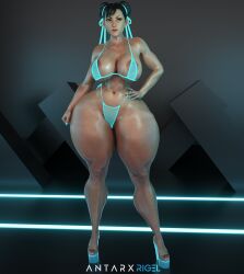 1girls 3d 3d_(artwork) antarxrigel areola_slip artist_signature asian_female belly_button big_breasts bikini black_hair blue_bikini blue_swimsuit brown_eyes busty chun-li detailed_background female_only front_view hair_accessory hair_bun hand_on_hip high_heels human human_only looking_away micro_bikini midriff nipples_visible_through_clothing platform_heels see-through_clothing see_through shoes solo solo_female standing street_fighter street_fighter_v swimsuit thick_thighs wide_hips