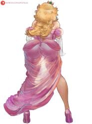 1girls artofalva ass back_view blonde_hair crown dress female female_only high_resolution mario_(series) nintendo princess princess_peach see_through sheer solo very_high_resolution