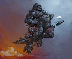 aircraft anthro balls captaingerbear claws duo erection genitals godzilla godzilla_(series) helicopter hi_res humanoid_genitalia humanoid_penis macro male nipples pecs penis reptile scalie solo toho vehicle