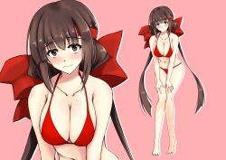 1girls big_breasts bikini black_hair blush breasts brown_hair busty cleavage feet female female_only grey_eyes hair_ribbon hands_on_own_thighs hands_on_thighs headband highres kumon_waka large_breasts leaning_forward long_hair looking_at_viewer low_twintails navel phantom_breaker red_bikini red_headband ribbon smile solo swimsuit twintails very_long_hair