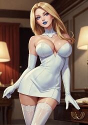 ai_generated big_breasts blonde_hair blue_eyes blue_lipstick breasts choker emma_frost female female_only large_breasts light-skinned_female light_skin magik4lyfe marvel marvel_comics opera_gloves thick_thighs thighhighs white_queen x-men