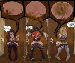 3girls alternate_eye_color arcane arcane_caitlyn ass ass_focus bathroom caitlyn_kiramman fart fart_cloud green_eyes league_of_legends lewdpunch luxanna_crownguard miss_fortune multiple_girls pants_down peeing pov_ass riot_games scat shart take_your_pick text toilet toilet_paper toilet_use