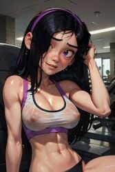 1girls after_workout ai_generated bare_arms black_hair blushing breasts clavicle cleavage disney eyebrows eyelashes female fit fit_female fitness gym gym_clothes gym_equipment hair_ornament hair_over_one_eye hairband hand_in_own_hair hand_up head_tilt hips indoors light-skinned_female light_skin lips long_hair medium_breasts midriff navel nipples nipples_visible_through_clothing parted_bangs pixar purple_eyes purple_hairband see-through see-through_clothing sitting slim slim_waist smile smiling solo stomach straight_hair sweat sweaty tank_top the_incredibles thighs toned_body toned_female toned_stomach upper_body userisbad violet_parr wet wet_clothes workout_clothes