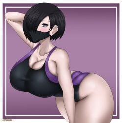 1girls afimaki bare_legs big_breasts black_hair cleavage kanisuka_rita mask ohsama_sentai_king-ohger one-piece_bikini pin_up posing purple_eyes super_sentai