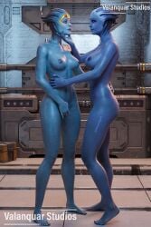 2girls 3d alien_girl asari caressing_face female female/female female_only highres liara_t'soni mass_effect mass_effect_3 pinup romantic romantic_ambiance romantic_couple samara touching_pussy valanquarstudios watermark yuri