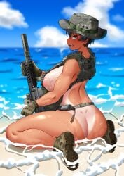 1girls ass ass_focus assault_rifle barely_clothed beach belt boots camouflage casual female female_only firearm footwear gloves gun handwear hat hitch_(hitch_driessen/perotoss400/kirochef) human large_ass large_breasts looking_at_viewer military nipples open_mouth original pale_skin rifle rokmc_chan sharp_teeth short_hair sitting soldier tactical_gear tactical_nudity tagme tan_body tan_lines tanned tanned_skin thick_thighs tomboy water weapon