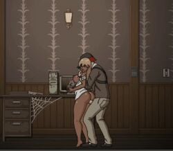 1boy 1girls blonde_hair crimson_bird dark-skinned_female dark_skin from_behind from_front_position game_cg interracial light-skinned_male lustful_spirit_hunt partially_clothed red_hair sex sex_from_behind vaginal_penetration