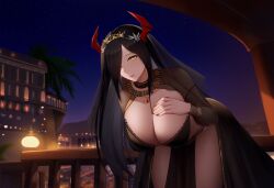 ai_generated arabian_clothes azur_lane belly_dancer belly_dancer_outfit black_clothing black_hair city cityscape dancer dancer_outfit female female female_focus female_only friedrich_der_grosse_(azur_lane) hair_over_one_eye hand_on_own_chest hanging_breasts large_breasts leaning_forward long_hair looking_at_viewer mature_female mature_woman mechanical_horns milf night palm_tree red_horns revealing_clothes seductive_look seductive_smile tiara veil yellow_eyes