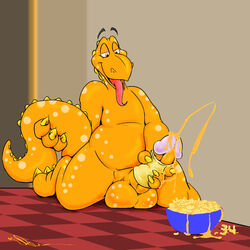 cheesasaurus_rex cheese cumming dinosaur food glenn inanimate kraft macaroni_and_cheese male male_only mascot penis scalie solo