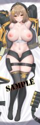 :o ahoge anis_(nikke) arms_behind_head bandolier beret black_headwear black_jacket black_shorts black_thighhighs blush breasts breasts_out brown_eyes brown_hair crop_top dakimakura_(medium) female full_body goddess_of_victory:_nikke grey_shirt hat jacket large_breasts lying multicolored_jacket navel nipples on_back open_fly orange_jacket parted_lips sample_watermark shirt short_hair short_shorts shorts solo sweat thigh_strap thighhighs two-tone_jacket watermark yunagi_amane