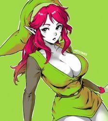 breasts brown_sleeves collarbone commentary english_commentary female genderswap_(mtf) green_background green_headwear green_tunic highres large_breasts link_(shounen_captain) lips long_hair looking_at_viewer missfaves nintendo pointy_ears red_hair rule_63 solo the_ the_legend_of_zelda