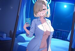 ai_generated asuna_(blue_archive) bed bedroom belly belly_button blonde_hair blue_archive blue_eyes blue_hair_ribbon blue_halo cityscape cleaning_&_clearing_(blue_archive) female female_only large_breasts light_brown_hair looking_at_viewer millennium_science_school_student mirror mirror_reflection mirror_selfie mole_on_breast night night_sky nipples_visible_through_clothing pillow selfie shirt shirt_open short_hair smartphone smile standing stars white_panties white_shirt wind window