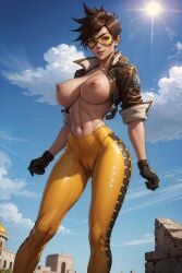 1girls ai_generated breasts brown_hair_female cameltoe ear_piercing female_only gloves goggles jacket navel nipples open_jacket overwatch sbsdv short_hair_female solo_female tracer