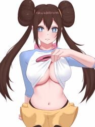 1female 1girls :3 animated areola areolae blue_eyes bouncing_breasts breast_squish breasts brown_hair double_bun eka_kinoko female female_focus female_only game_freak happy happy_female hips large_breasts leggings long_hair looking_at_viewer navel nintendo nipples no_bra pokemon pokemon_(game) pokemon_bw2 rosa_(pokemon) shirt shirt_lift shirt_up showing_breasts simple_background skirt solo stockings twintails very_long_hair white_background wide_hips