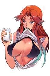 1girls blue_eyes bra breasts cleavage clothing female female_only large_breasts malon milk ocarina_of_time orange_hair red_hair shirt_lift sho-n-d solo the_legend_of_zelda