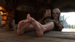 1girls 3d barefoot ciri clothing drinking feet feet_on_table feet_up female fetish foot_fetish foot_focus inside long_toes meaty_soles presenting_feet soles solo solo_female the_vice_art the_witcher_(series) the_witcher_3:_wild_hunt toenails toes white_hair