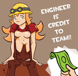 2d breasts engineer engineer_(team_fortress_2) english_text female female_only femengineer green_eyes hair helmet human human_female human_only jopereira long_hair money naughty_face overalls pussy red_hair rule_63 team_fortress_2 text undressing