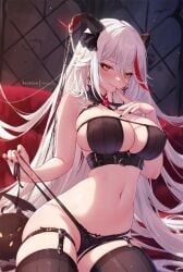 aegir_(azur_lane) alternate_costume azur_lane black_gloves black_headwear black_horns black_panties black_thighhighs breasts commentary_request earrings female finger_to_mouth gloves hair_between_eyes halloween hat horns jewelry large_breasts long_hair looking_at_viewer mitsu_(mitsu_art) navel panties patreon_username red_hair smile solo thighhighs thighs underwear very_long_hair white_hair witch_hat yellow_eyes