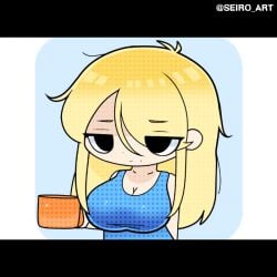 animated black_eyes blonde_hair breasts chibi_style cleavage drink holding_object long_hair mug seiro_art steam tagme tank_top