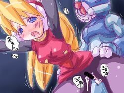 against_wall android bent_over blonde_hair blue_eyes blush censored ciel_(mega_man) cum cum_inside doggy_style female from_behind from_below girutaabo hagane_(artist) long_hair lowres male mega_man mega_man_zero oekaki open_mouth pantheon_(mega_man) pantyhose rape robot_ears sex torn_clothes torso_grab