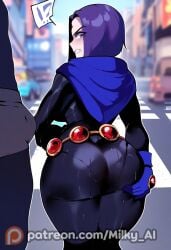 ai_generated angry angry_face big_breasts bodysuit embarrassed from_behind hi_res milky_ai portrait purple_eyes purple_hair raven_(dc) see-through short_hair street thick_thighs wet white_skin