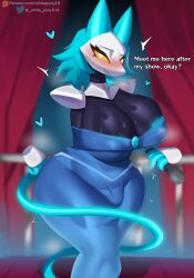 18_(artist) 1futa anthro big_breasts big_hips black_body black_skin blue_hair breasts bulge clothed clothing curvy deltarune dialogue dress english_text feline full-package_futanari fully_clothed furry futa_only futanari looking_at_viewer solo standing tail tasque_manager_(deltarune) text thick_thighs whitepony wide_hips yellow_eyes