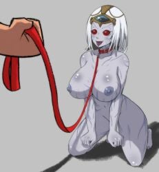 1girls 3_eyes areolae big_breasts blush cassia_orsellio drooling female forehead_eye gills grey_skin headdress heart-shaped_pupils heart_eyes imperium_of_man kneeling leash leash_and_collar multi_eye mutant nails navigator_(warhammer) nipples pale_skin petplay red_eyes rogue_trader_(video_game) tongue_out veins voluptuous warhammer_(franchise) warhammer_40k white_hair