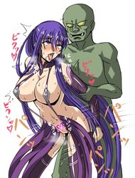 1boy ahe_gao akiyama_rinko blue_hair bottomless breasts curvy doggy_style fangs female grabbing heavy_breathing human human_female large_breasts light-skinned_female light_skin machinery_(artist) male male/female moaning nipples orc orc_male penetration purple_eyes pussy pussy_juice saliva sex shiny shiny_skin straight sweat taimanin_(series) taimanin_yukikaze tattoo tears text tongue_out trembling upper_body very_long_hair