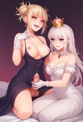 2girls :d ai_generated bangs bare_shoulders black_dress blonde_hair blunt_bangs blush boosette breasts cleavage clothing collarbone crossover crown cum double_bun dress earrings erection eyebrows_visible_through_hair fangs frills futanari gloved_handjob gloves handjob himiko_toga jewelry large_breasts large_penis long_hair looking_at_viewer mario_(series) medium_breasts mini_crown multiple_girls my_hero_academia new_super_mario_bros._u_deluxe nintendo nipples open_mouth penis precum princess_king_boo purple_eyes shounen_jump sitting smile stable_diffusion super_crown teeth testicles toga_himiko uncensored white_dress white_gloves yellow_eyes