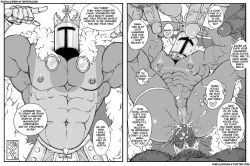 anal armor bara black_and_white buff cape chastity_cage cock cock_ring cock_size_difference crown gay helmet instant_loss_2koma king_knight muscles nipples pubic_hair rubylucifera shovel_knight speech_bubble