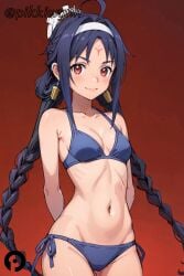 ahoge ai_generated arms_behind_back ass_visible_through_thighs bare_shoulders bikini blue_bikini blush braid breasts closed_mouth collarbone cowboy_shot earrings facial_mark female forehead_mark gradient gradient_background hairband jewelry konno_yuuki long_hair looking_at_viewer navel pikkiwynn red_background red_eyes side-tie_bikini_bottom small_breasts smile solo stomach swimsuit sword_art_online twin_braids very_long_hair white_hairband