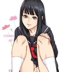 black_hair brown_eyes female kaburagi_yuki long_hair looking_at_viewer no_panties original pubic_hair pussy school_uniform serafuku sitting smile solo uncensored