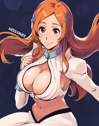 artist_name bleach bleach:_sennen_kessen-hen bleach:_the_thousand-year_blood_war breasts brown_eyes cleavage cleavage_cutout closed_mouth clothing_cutout commentary cropped_shirt dark_background detached_sleeves english_commentary female hair_ornament hairpin highres inoue_orihime large_breasts long_hair long_skirt midriff missfaves navel orange_hair parted_bangs shirt skirt sleeveless sleeveless_shirt smile solo striped_clothes striped_shirt vertical-striped_shirt vertical_stripes white_shirt white_skirt white_sleeves